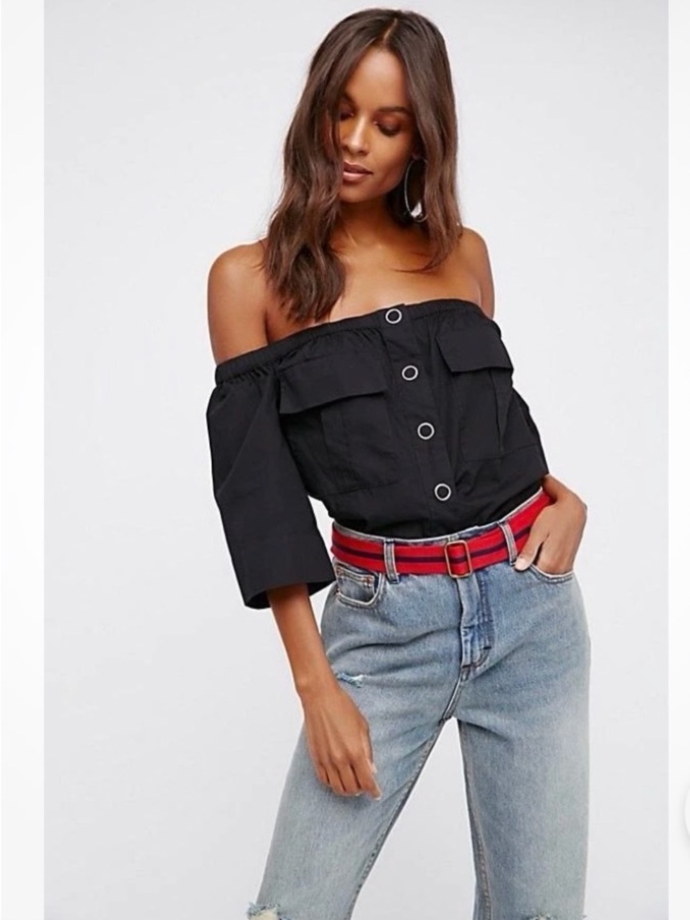 Free People Head Over Heels Off-Shoulder Button Front Top